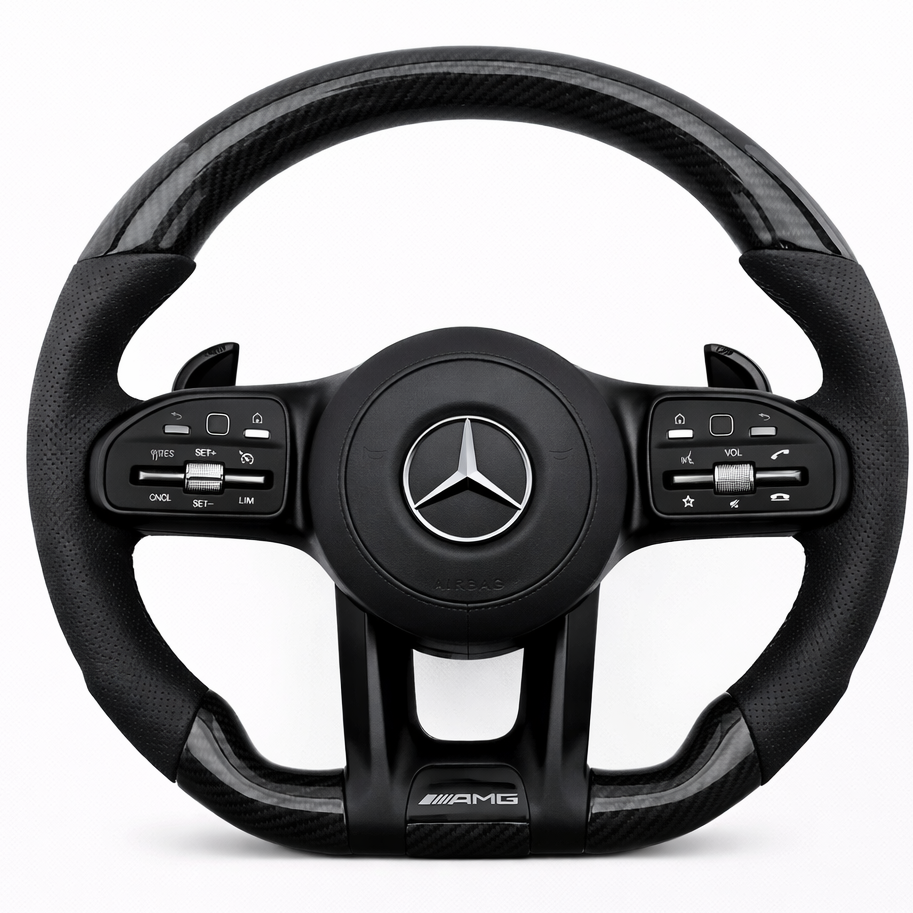 Black Leather Carbon Fibre Mercedes-AMG Flat Bottom Steering Wheel