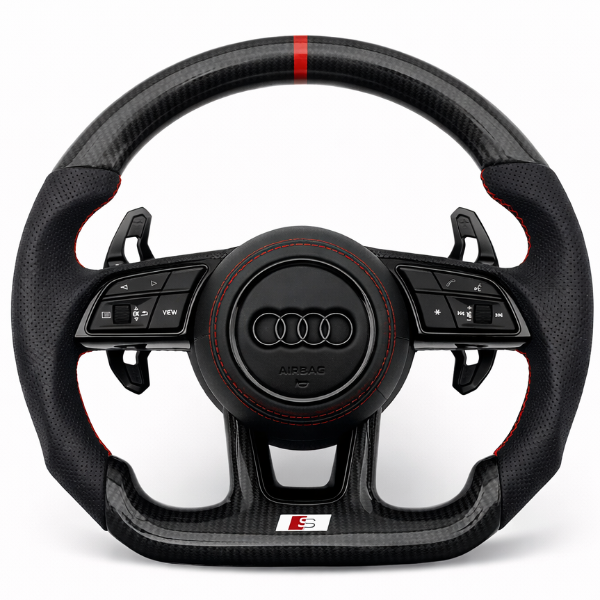 Black Carbon Fibre Leather Red Stripe Audi RS Steering Wheel