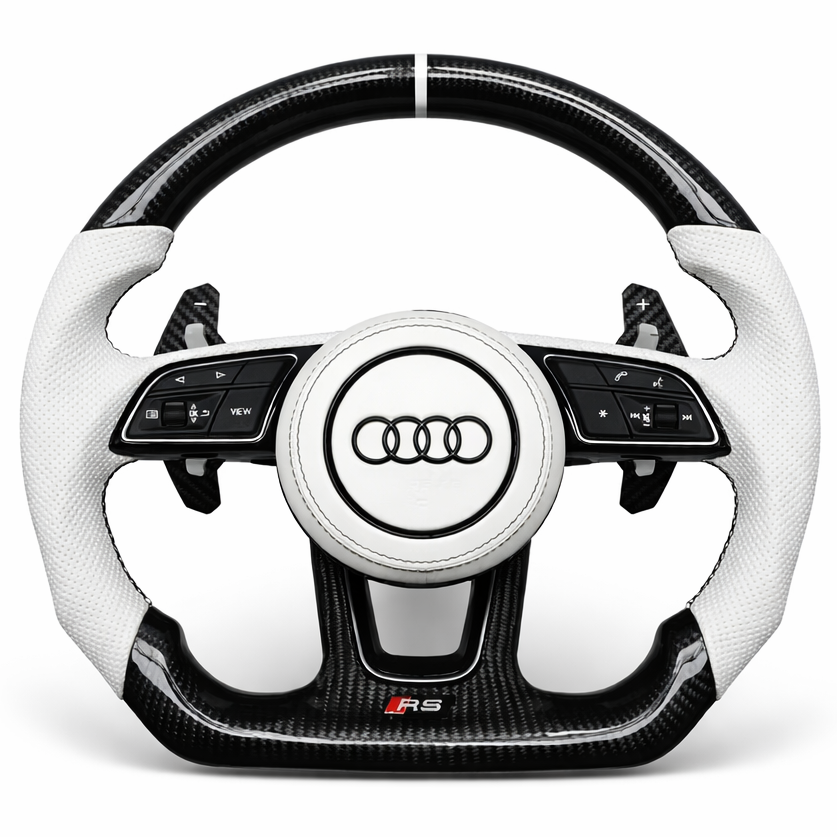White Leather Carbon Fibre White Stripe Audi RS Steering Wheel