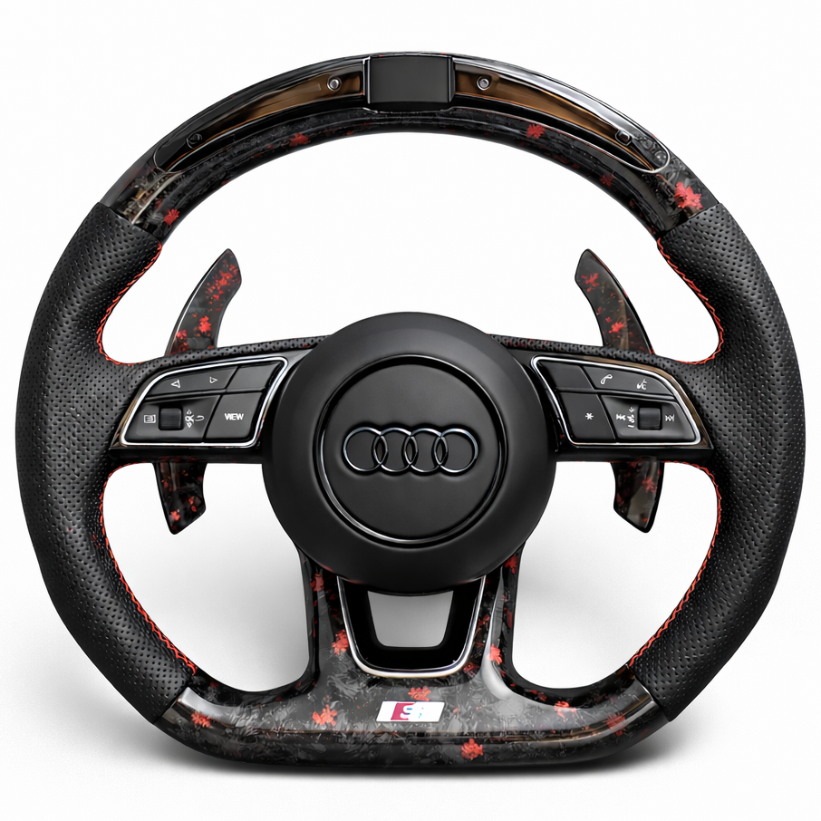 Red Forged Carbon Fibre Black Leather Rev LED Audi Steering Wheel