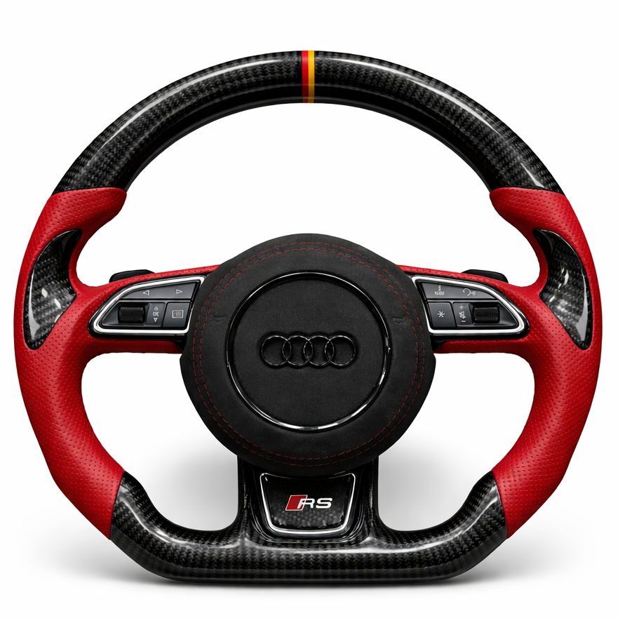 Carbon Fibre Red Perforated Leather German Stripe Audi S Steering Wheel