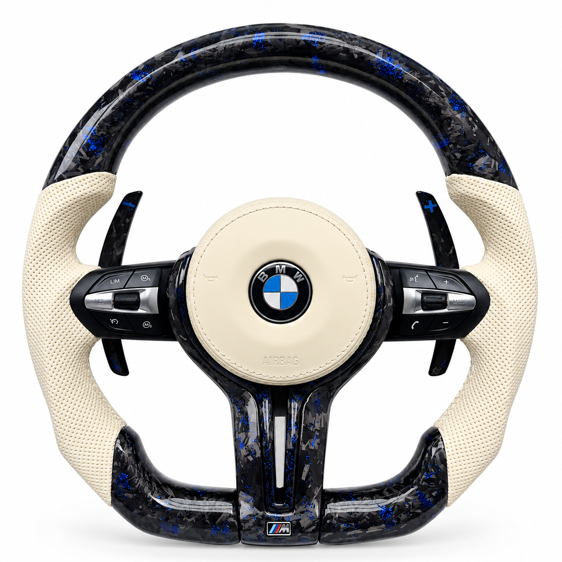 Cream Leather Blue Forged Carbon Fibre BMW M-Sport Steering Wheel