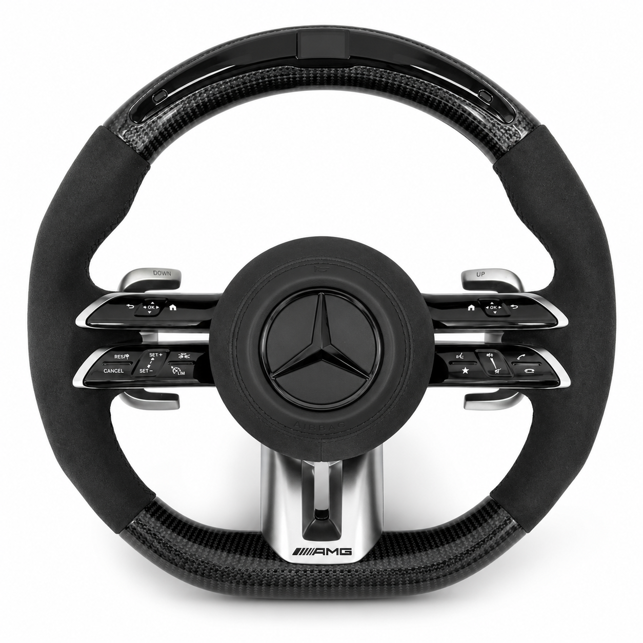 Black Carbon Fibre & Alcantara Rev LED Mercedes-AMG Steering Wheel - Black Badge