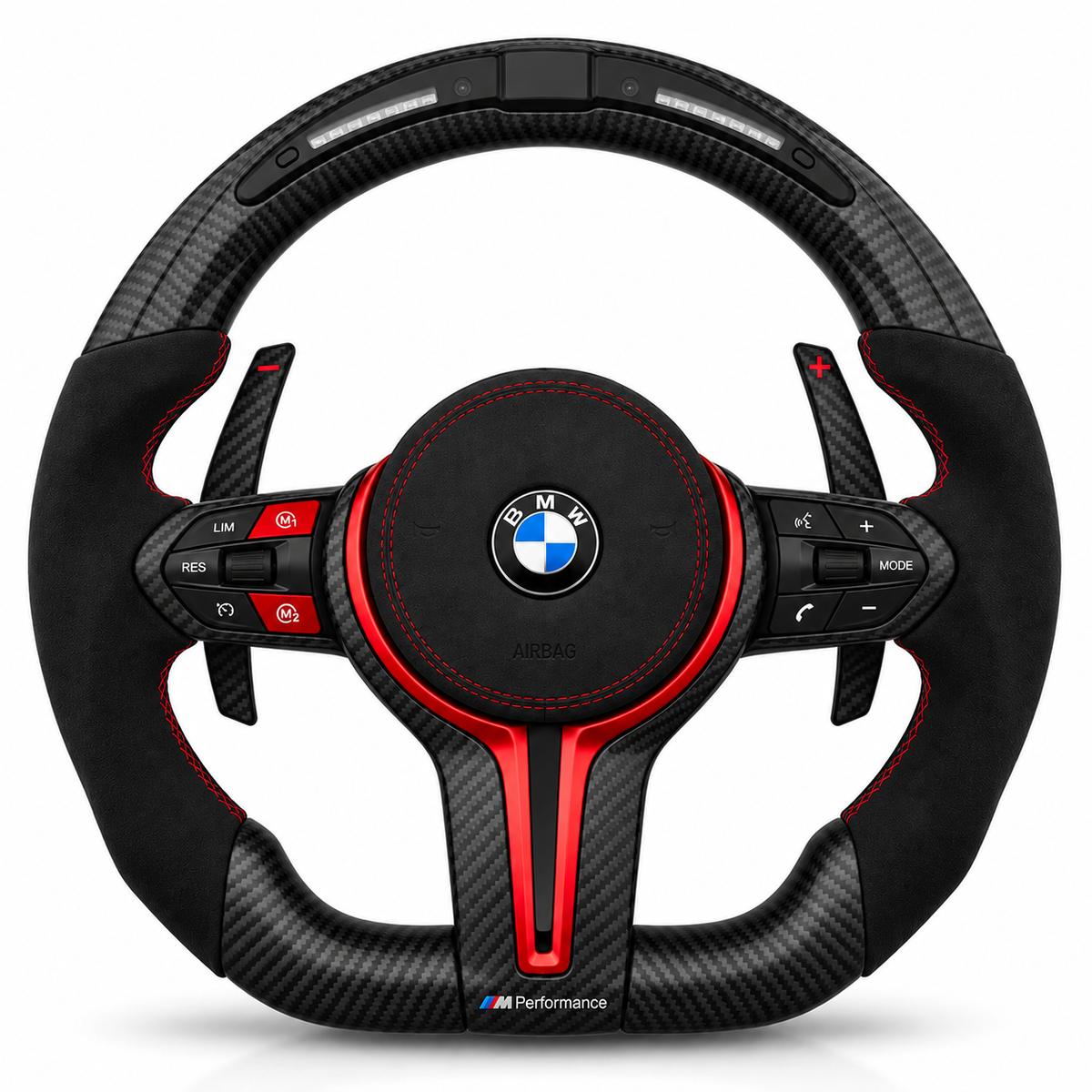 Black Alcantara Black Carbon Fibre BMW Steering Wheel with Red Accents and Rev LEDs